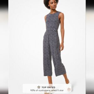 Michael Kors Blue Ditsy Floral Matte Jersey Belted Jumpsuit Size 10